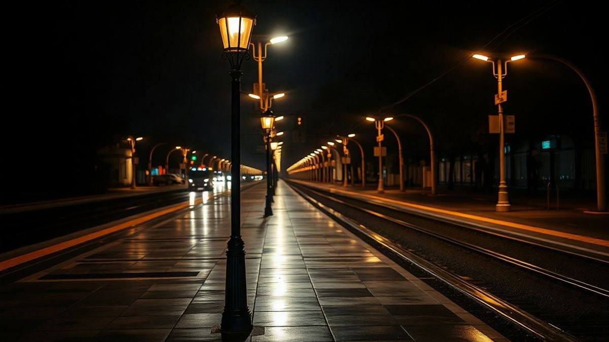 Imagen ilustrativa: paseo urbano nocturno con farolas encendidas junto a una vía de tren vacía