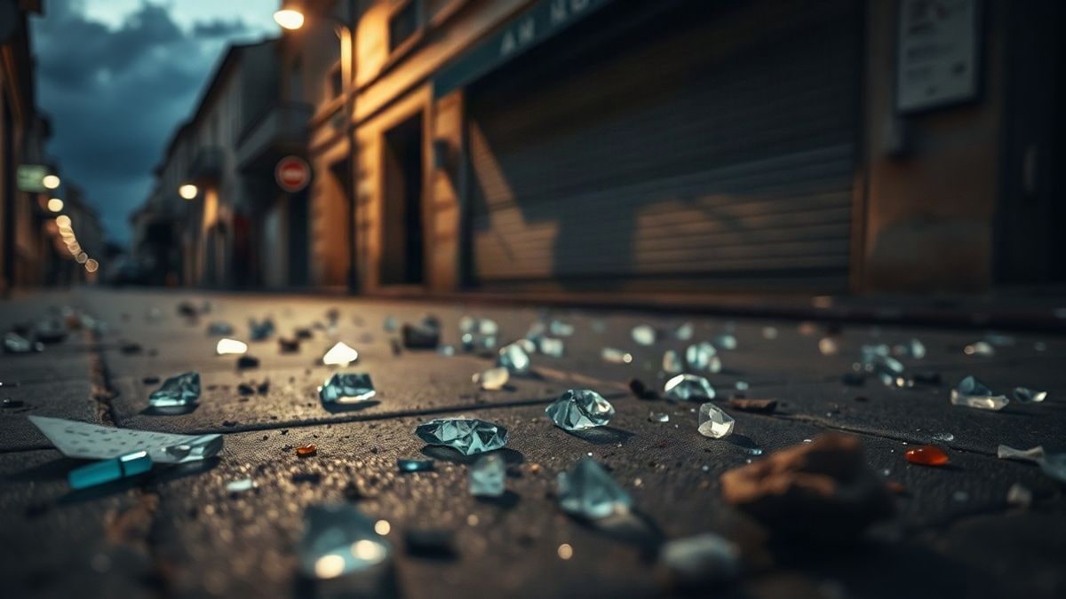 Imagen ilustrativa: cristales rotos sobre el asfalto de una calle urbana al atardecer, con persianas metálicas cerradas al fondo