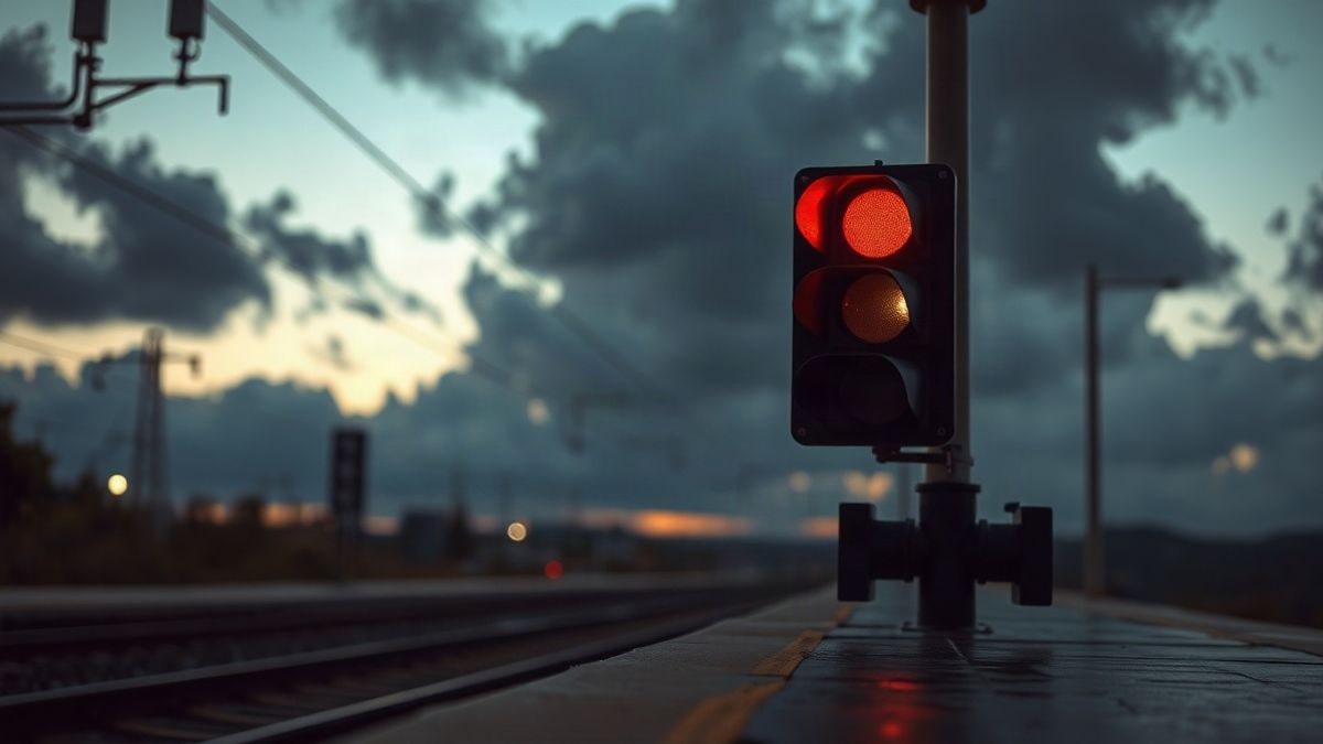 Imagen ilustrativa: señal ferroviaria en rojo al atardecer con sombras largas sobre vías mojadas