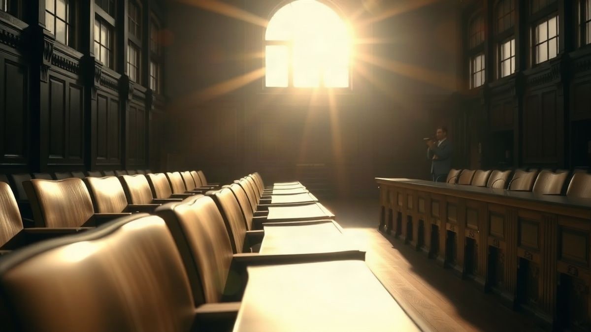 Imagen ilustrativa: una sala de tribunal vacía con luz de atardecer y sombras largas