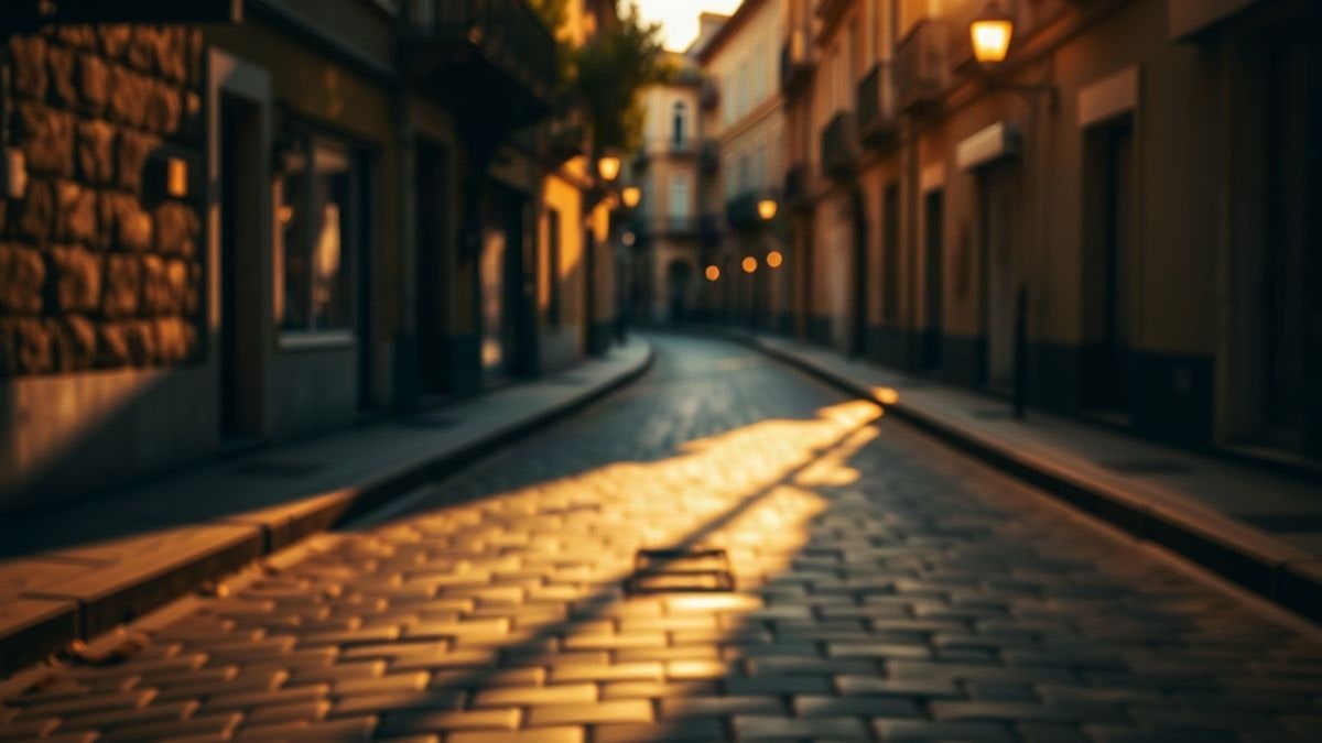 Illustrative image: empty street of a village at sunset, with backlight and long shadows on the pavement