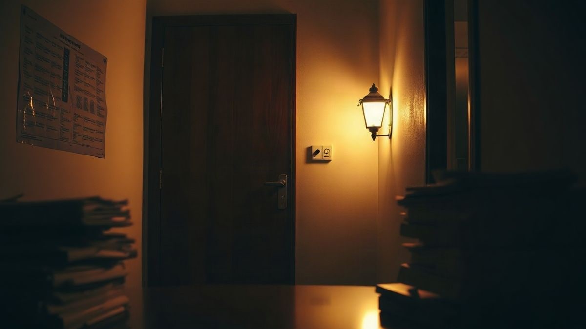 Imagen ilustrativa: pasillo de un edificio administrativo de noche, con una puerta de madera cerrada iluminada por una farola cálida