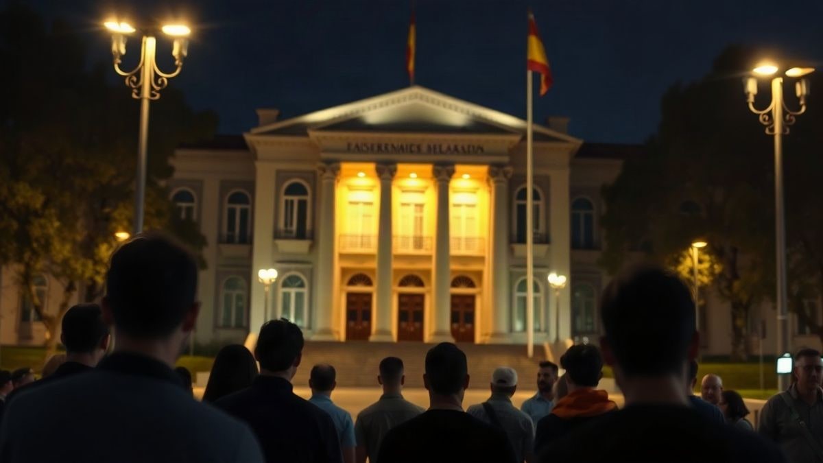 Imagen ilustrativa: edificio institucional iluminado de noche con farolas