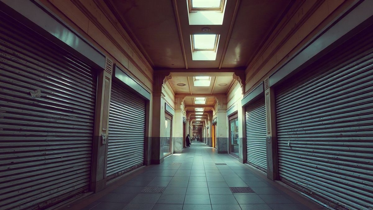Illustrative image: empty corridor of a shopping centre with shutters down and natural light from the ceiling