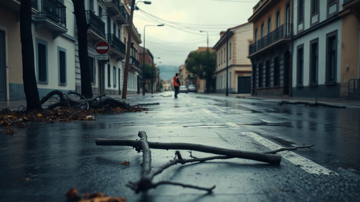 Imagen ilustrativa: calle urbana inundada con ramas caídas y un operario al fondo bajo un cielo gris