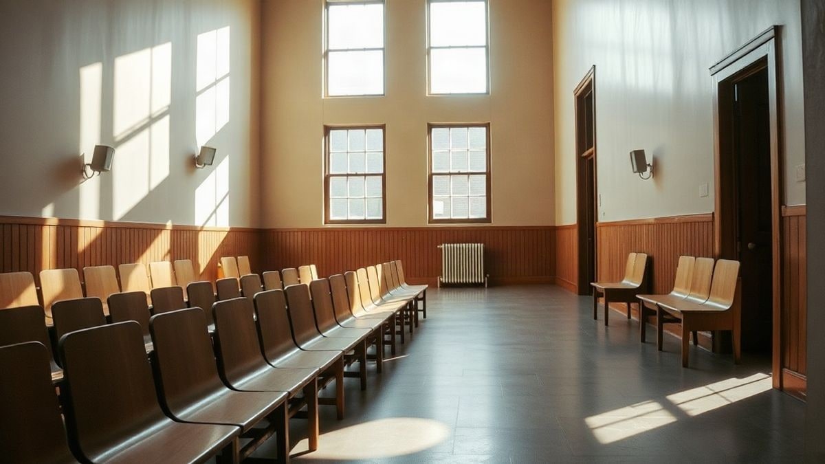 Imagen ilustrativa: pasillo de un edificio judicial con bancos de madera vacíos y luz natural entrando por ventanales