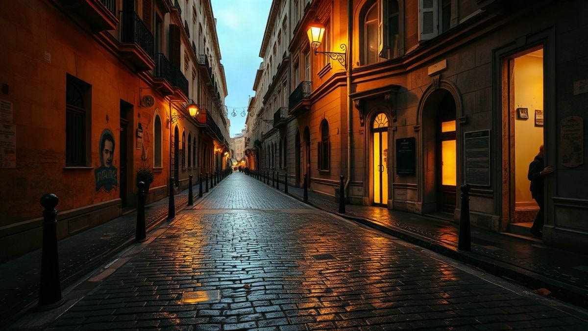 Imagen ilustrativa: calle estrecha de casco antiguo al atardecer con adoquines húmedos y farolas encendidas
