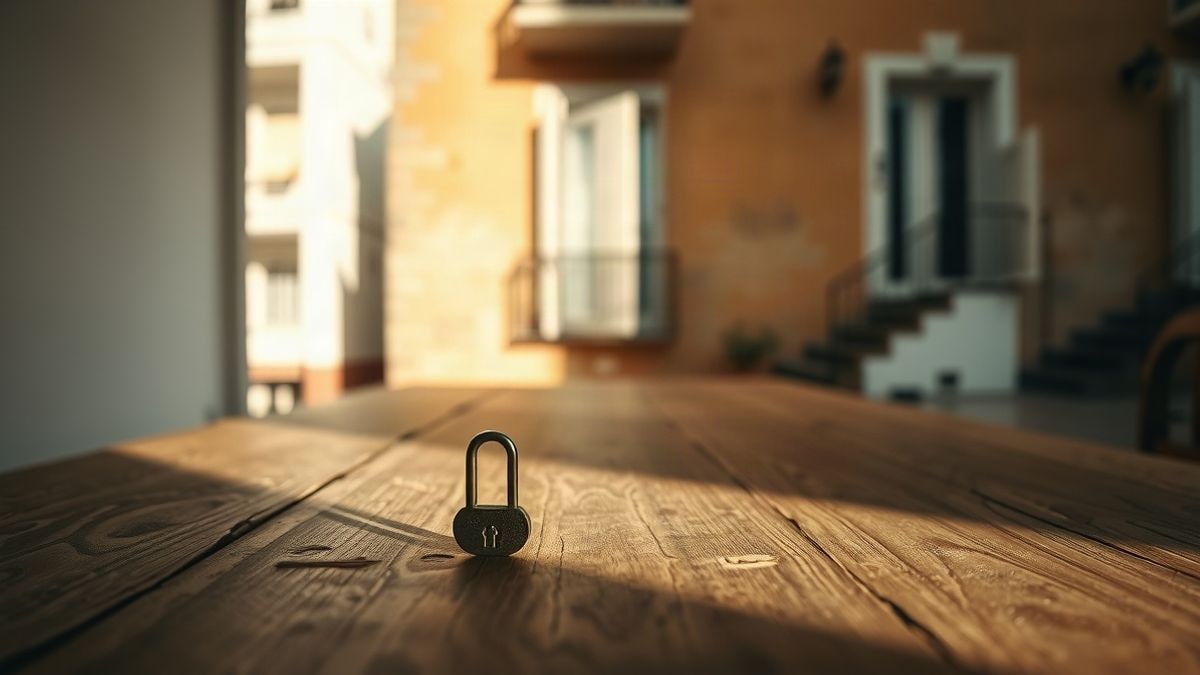 Imagen ilustrativa: una llave antigua sobre una mesa de madera vacía, con una fachada de edificio residencial desenfocada al fondo