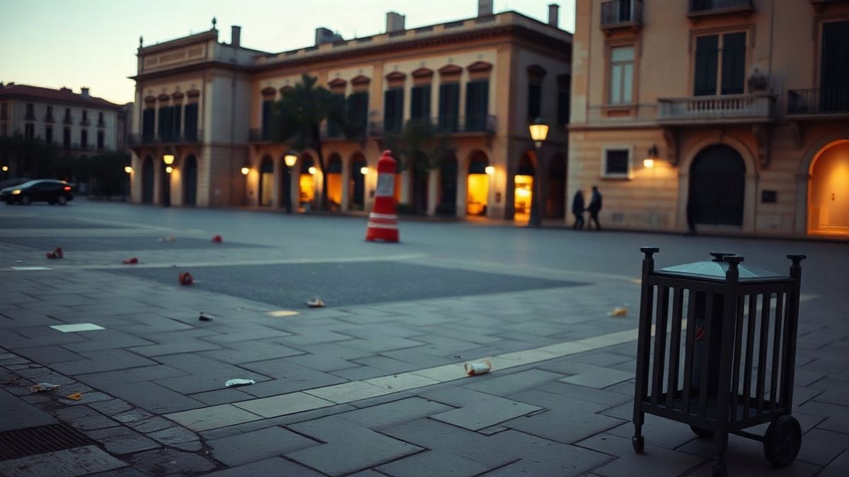 Imagen ilustrativa: plaza urbana vacía al atardecer con una papelera metálica volcada en primer término