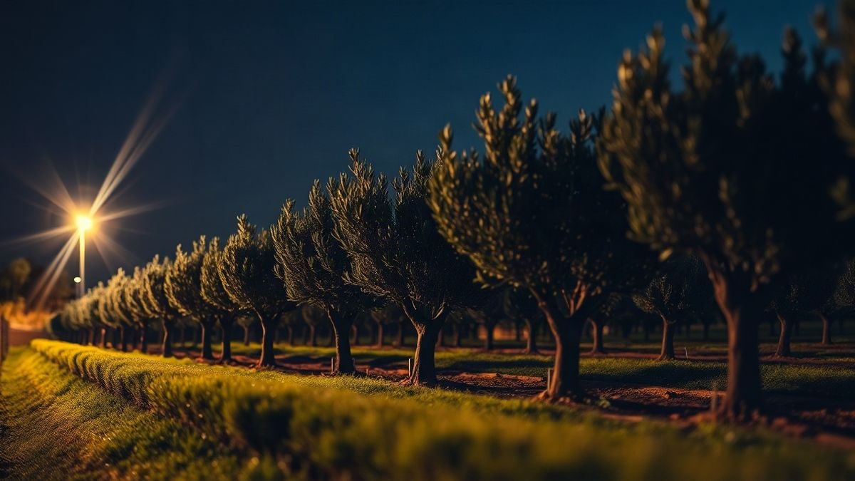 Imagen ilustrativa: un borde de campo de olivos jóvenes iluminado por farolas al anochecer