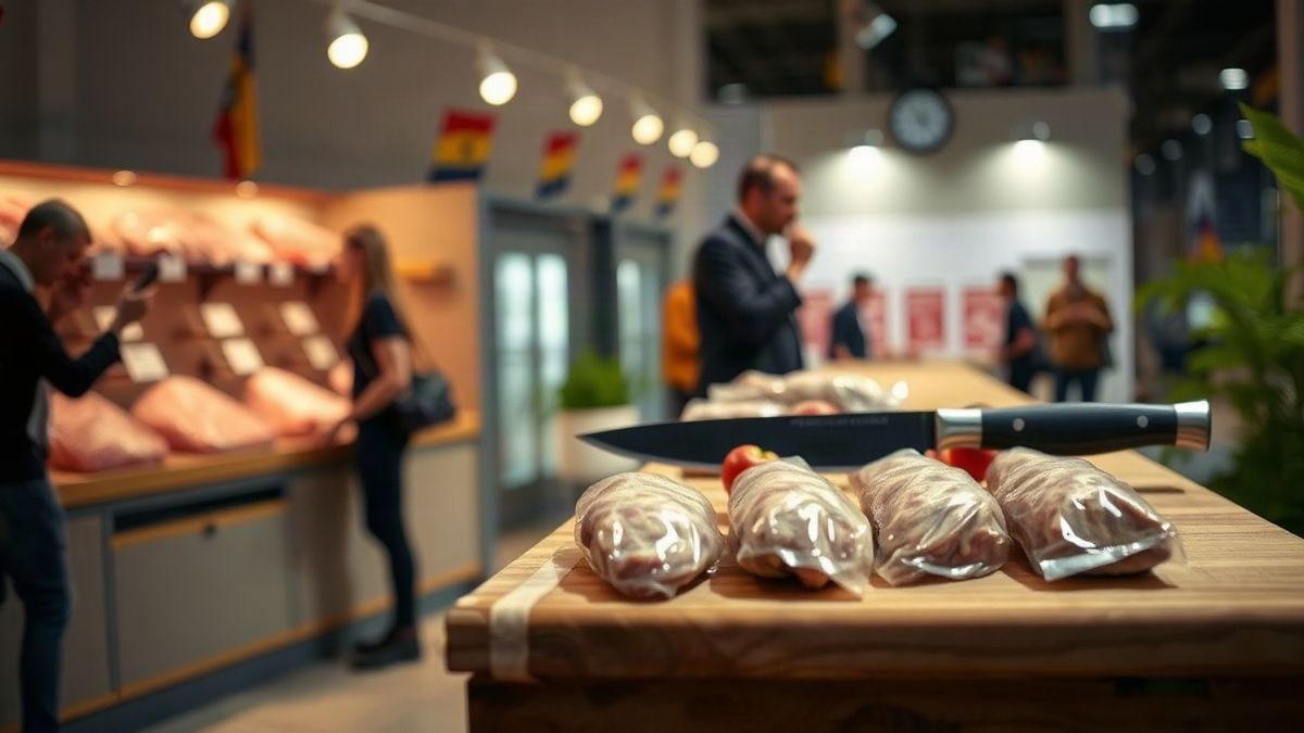 Imagen ilustrativa: mostrador de una feria cárnica con piezas de carne y cuchillo sobre tabla de madera