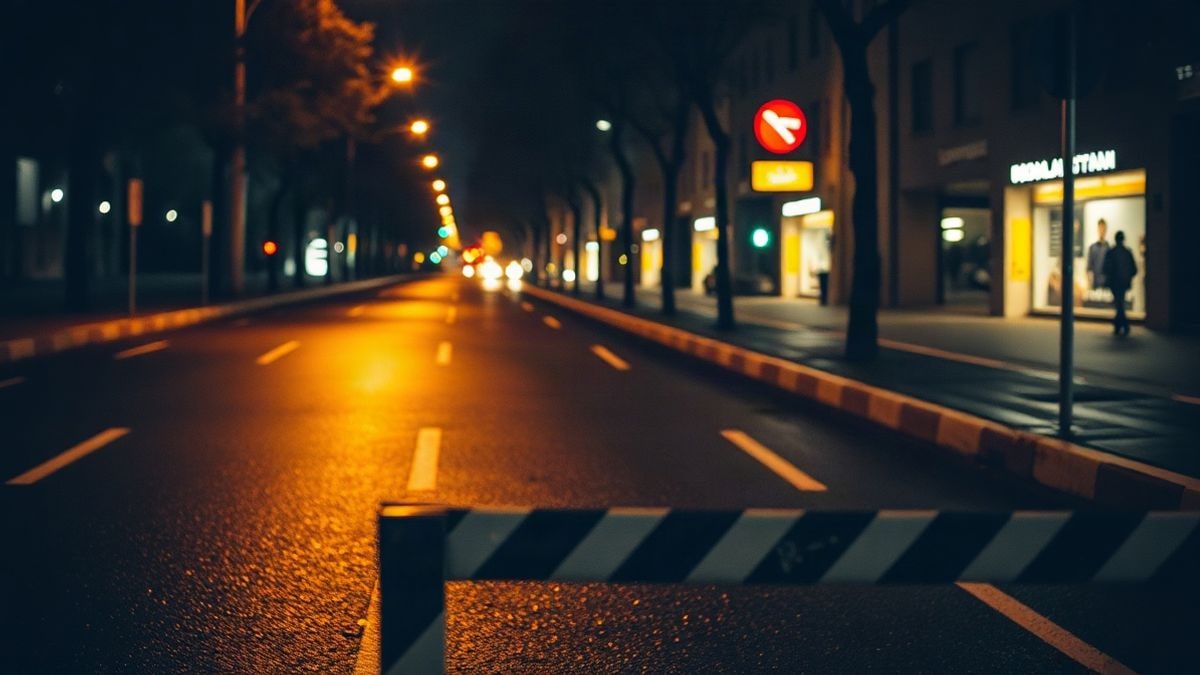 Imagen ilustrativa: avenida urbana de noche iluminada por farolas, con el asfalto mojado reflejando la luz.