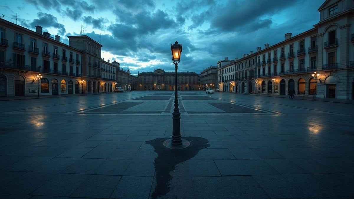 Imagen ilustrativa: una plaza urbana vacía al atardecer con una farola solitaria y restos en el suelo