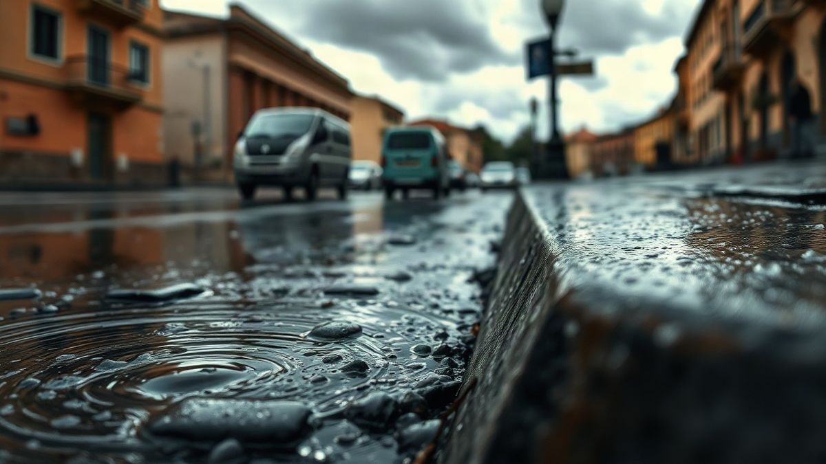 Imagen ilustrativa: calle adoquinada mojada por la lluvia con charcos y cielo tormentoso