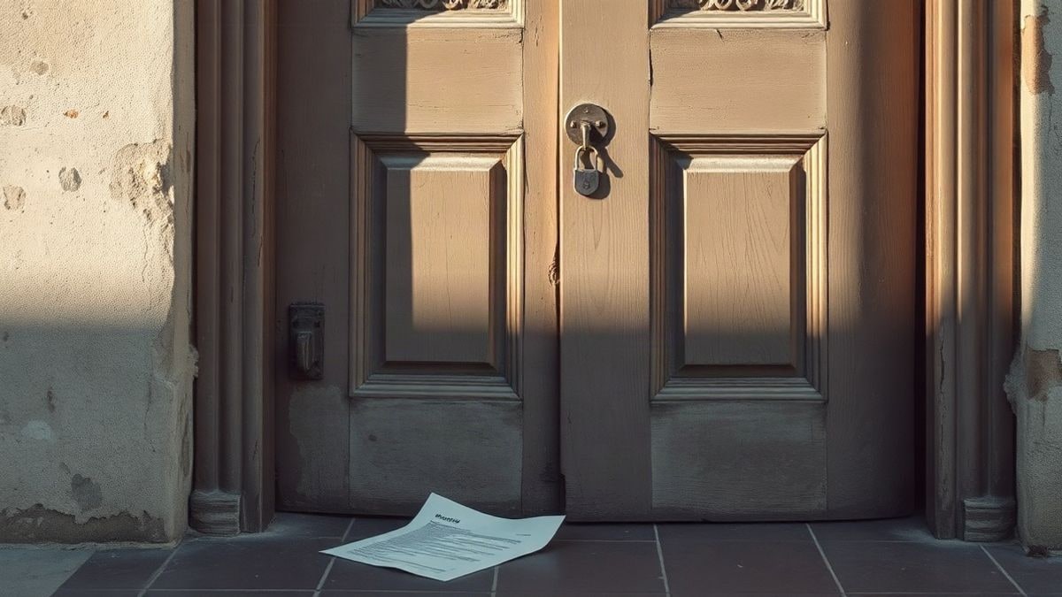 Imagen ilustrativa: detalle de una puerta de madera desgastada con un papel doblado en el suelo