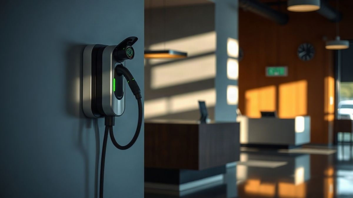 Illustrative image: interior of a modern hotel with an electric vehicle charging point next to a window