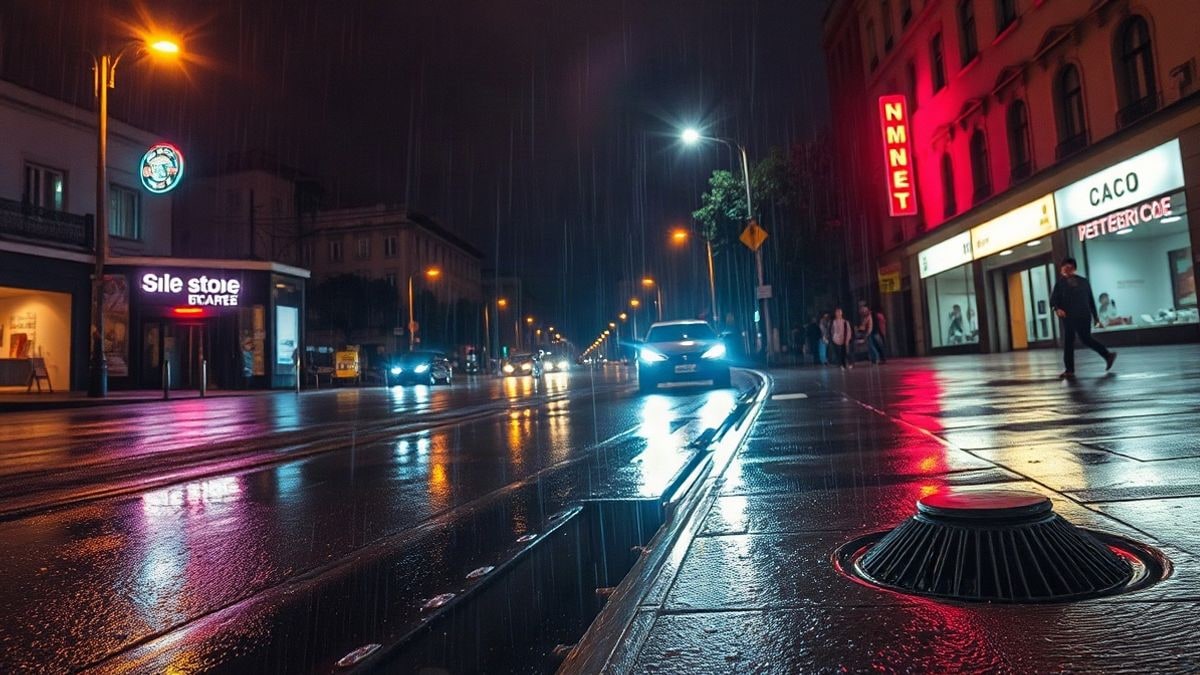 Imagen ilustrativa: calle urbana de noche bajo una lluvia intensa con el asfalto mojado reflejando las luces