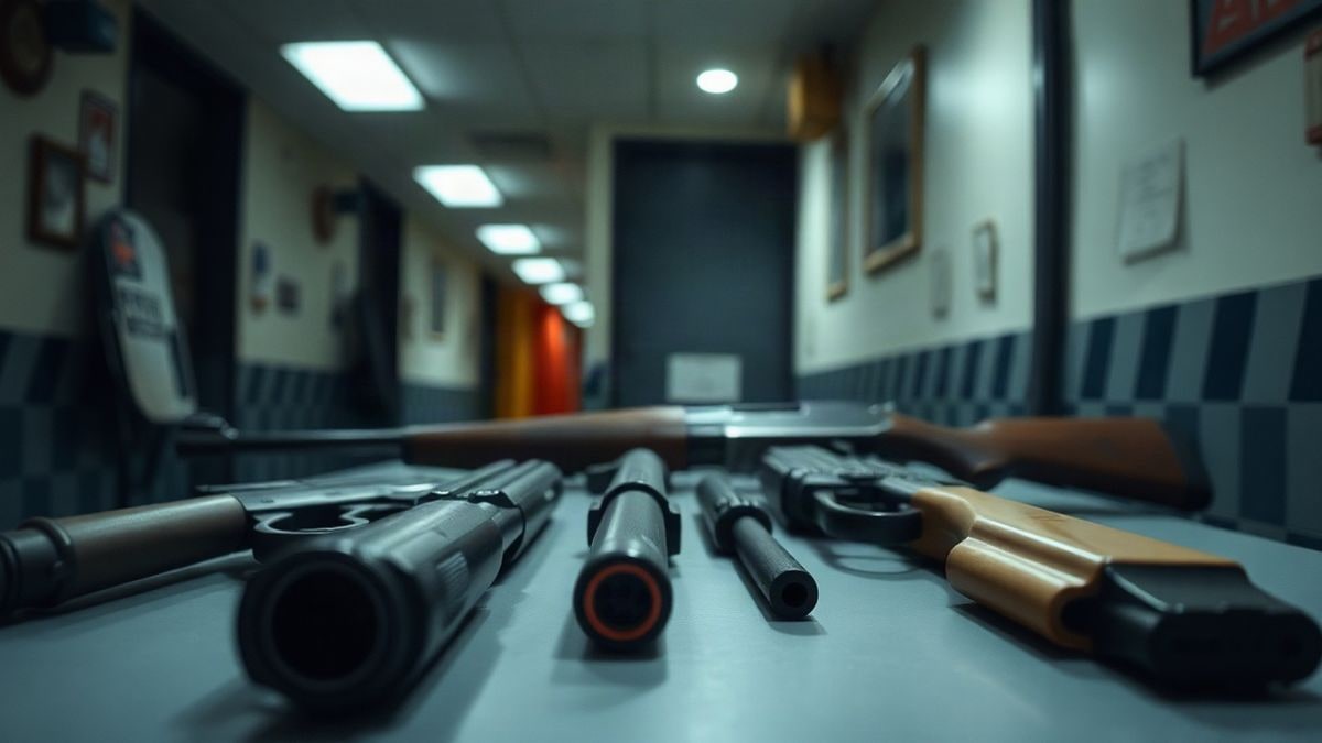 Imagen ilustrativa: armas de fuego incautadas sobre una mesa de evidencias policiales