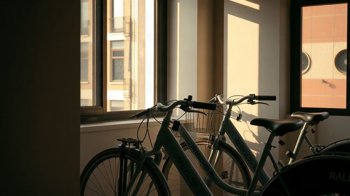 Illustrative image: row of shared bicycles parked at an urban rack next to a window with side light