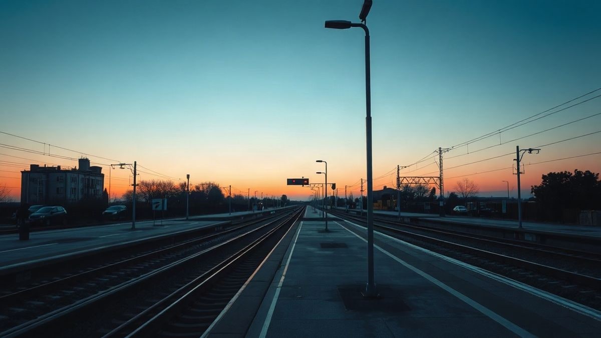 Illustrative image: empty train platform at sunset, with long shadows on the tracks and a signal light in the background