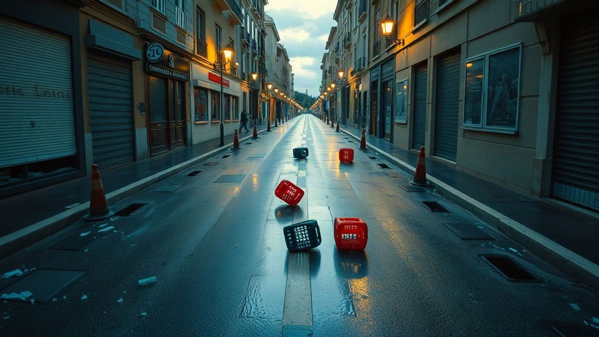 Illustrative image: aerial view of an empty urban street at sunset, with closed shopfronts and glass debris on wet asphalt.