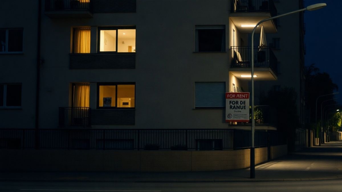 Imagen ilustrativa: fachada de un edificio residencial de noche con cartel de alquiler en un balcón