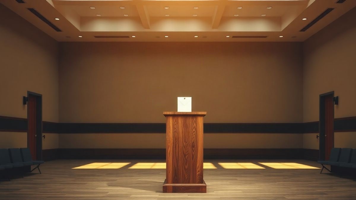 Imagen ilustrativa: atril de madera vacío descentrado en una sala con luz tenue y un pequeño sobre de papel sobre él