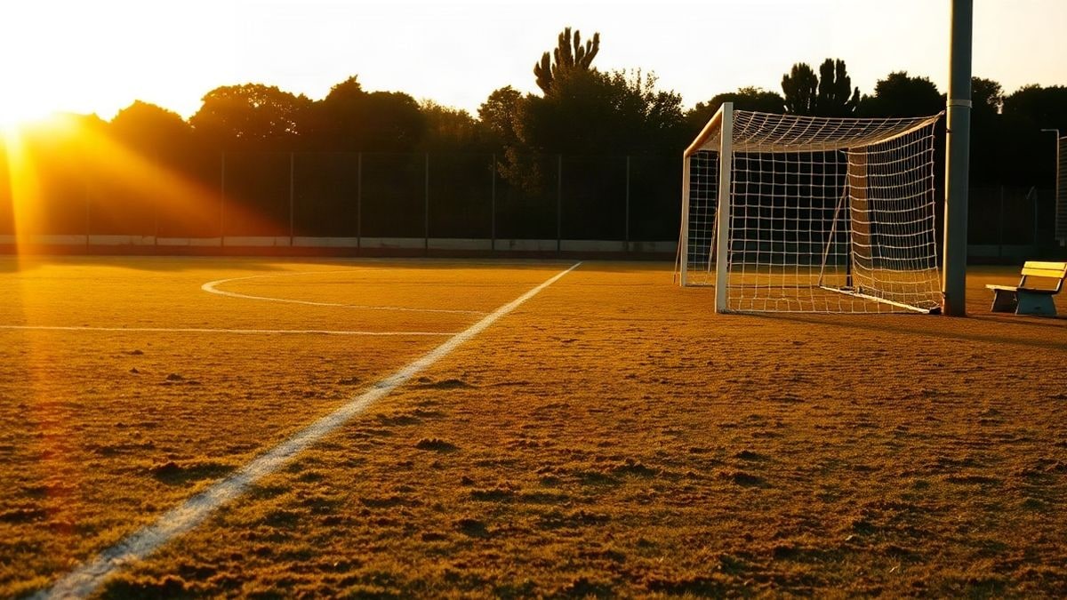 Imagen ilustrativa: campo de fútbol amateur al atardecer con la portería y la red recortadas a contraluz