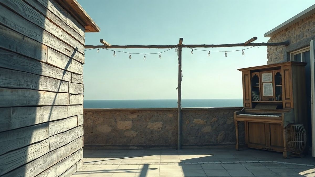 Illustrative image: Mediterranean terrace with rustic wooden wall and wall piano behind a large window, with the sea in the background