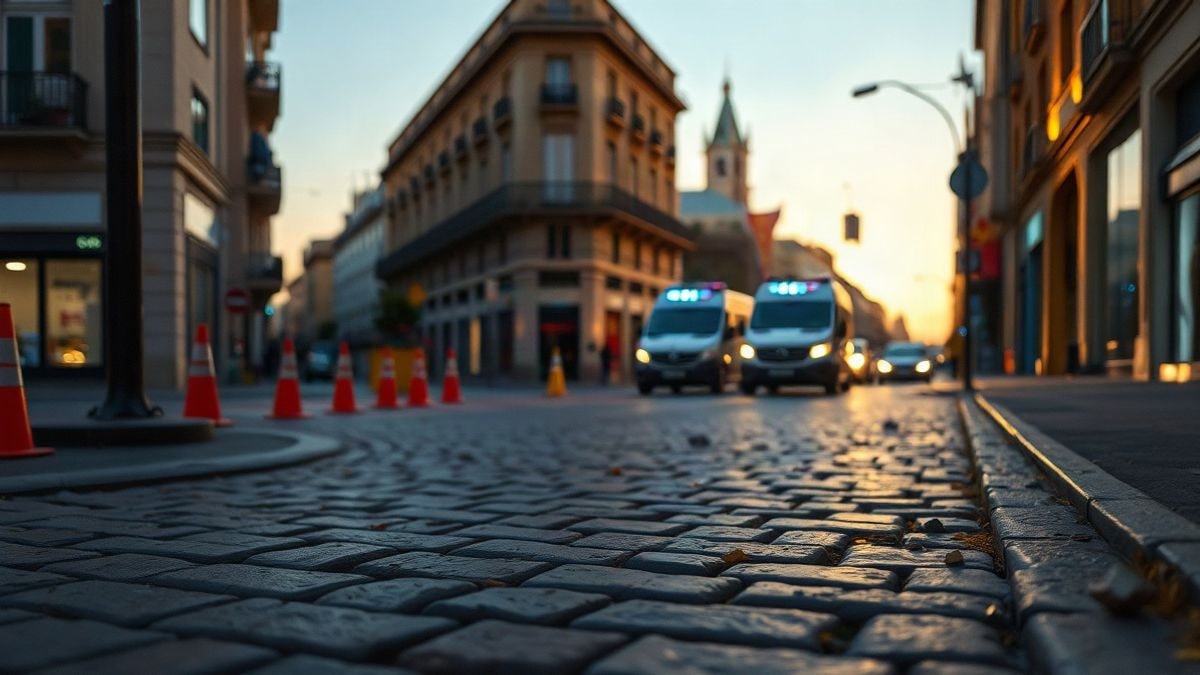 Imagen ilustrativa: calle urbana al atardecer con adoquines y vallas de obra dispersas en el suelo