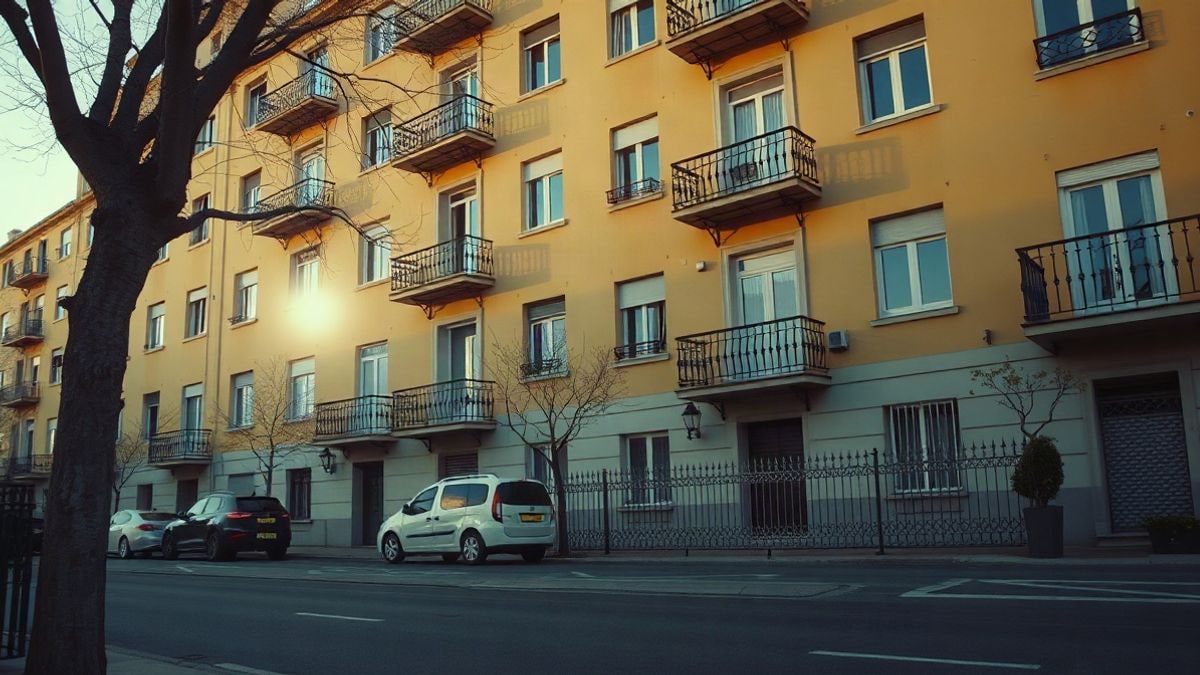 Imagen ilustrativa: fachada de un bloque de viviendas antiguo al atardecer, con sombras largas en la calle