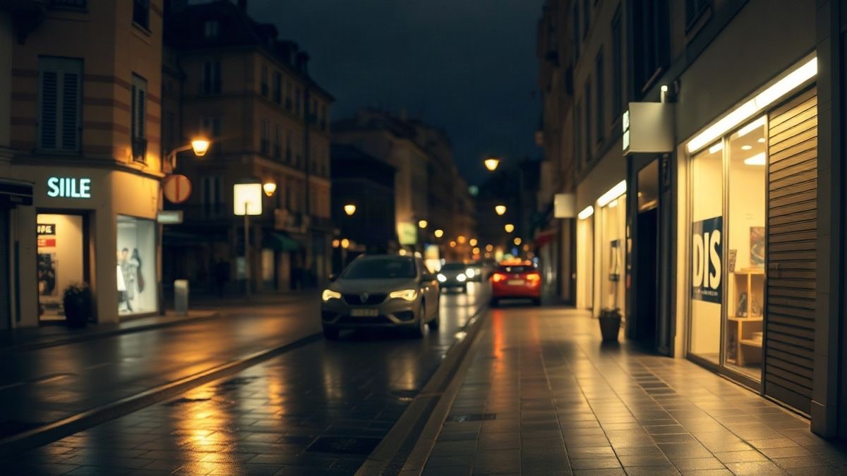 Imagen ilustrativa: calle comercial de noche con farolas y escaparates iluminados sobre el pavimento mojado