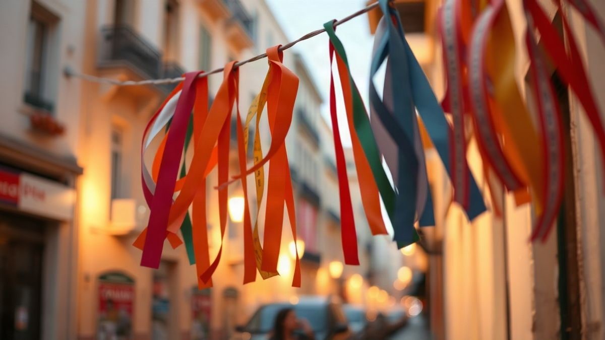Imagen ilustrativa: primer plano de un adorno de papel de colores colgado de un cable en una calle al atardecer