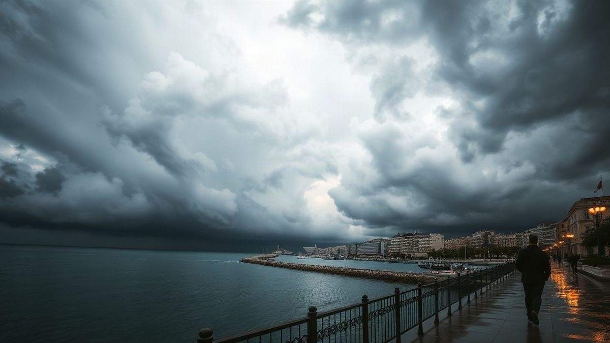 Imagen ilustrativa: cielo tormentoso sobre un paseo marítimo genérico con una figura lejana con paraguas
