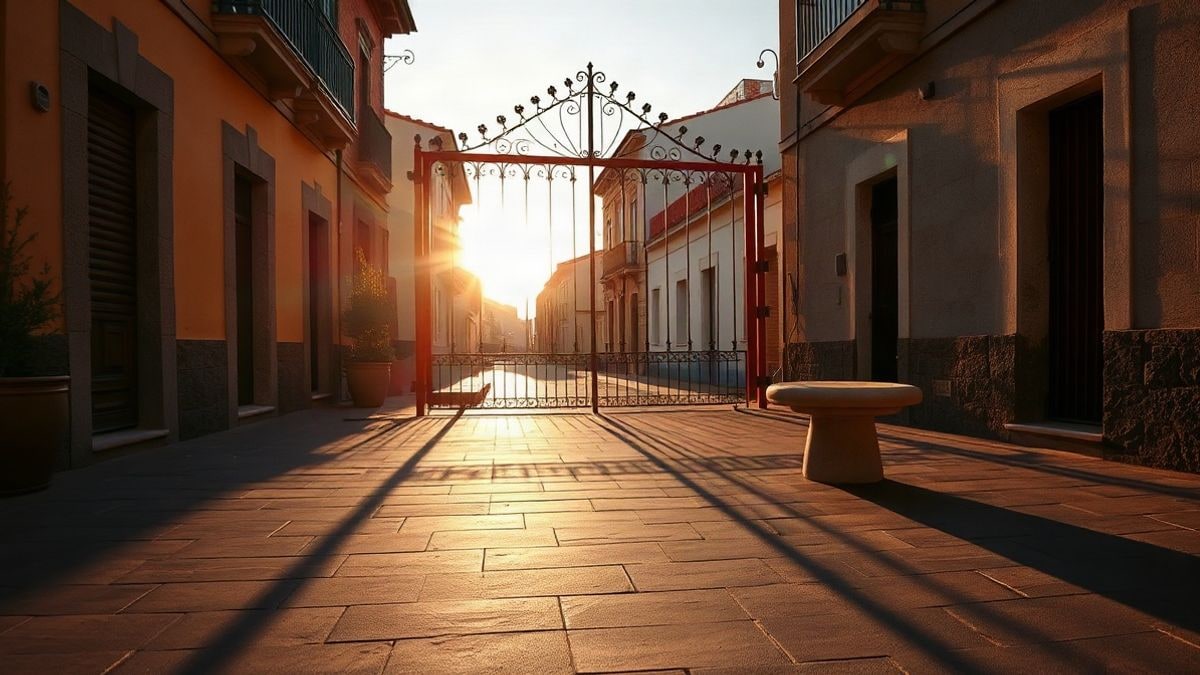 Imagen ilustrativa: una verja metálica y un banco de piedra en una calle tranquila al atardecer, con sombras largas