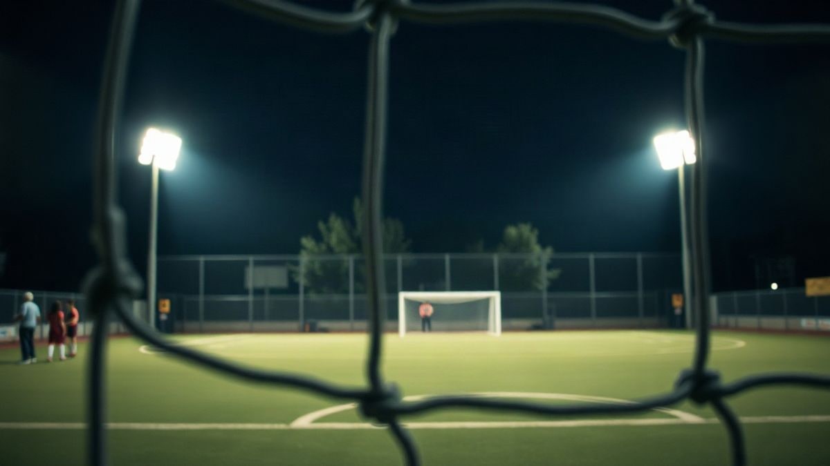Illustrative image: municipal football field lit by night lights, with the goal and net in the foreground