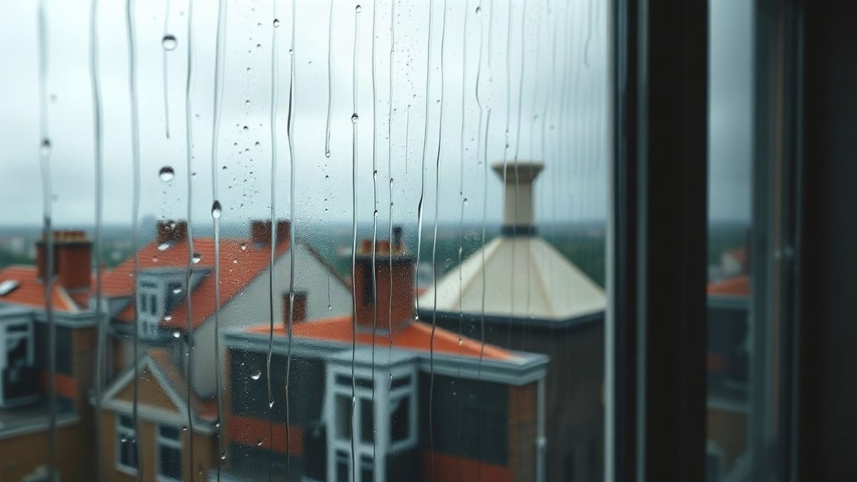 Imagen ilustrativa: ventana con gotas de lluvia y tejados urbanos bajo un cielo nublado