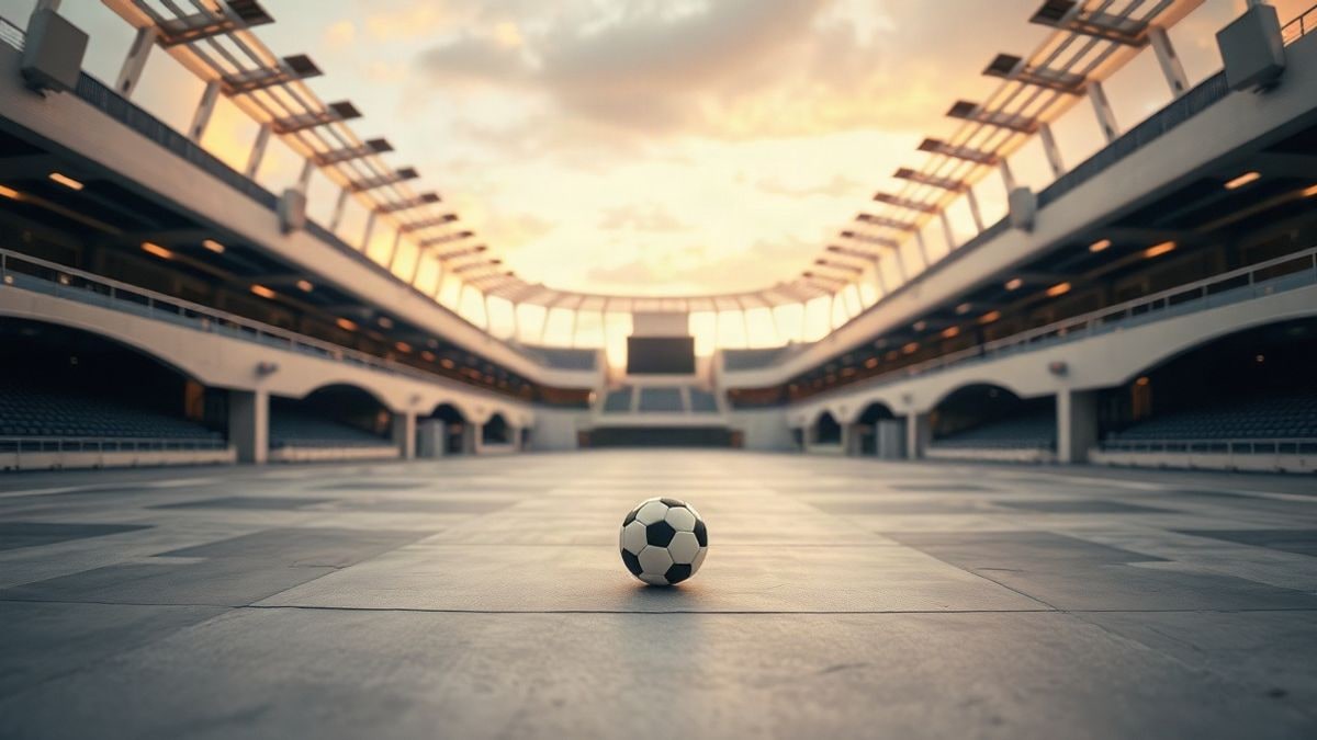 Illustrative image: empty stadium corridor at sunset, with a small ball on the ground and plenty of free space around