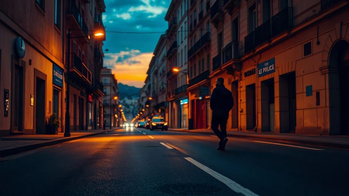 Illustrative image: urban street backlit at sunset with generic police tape and long shadows