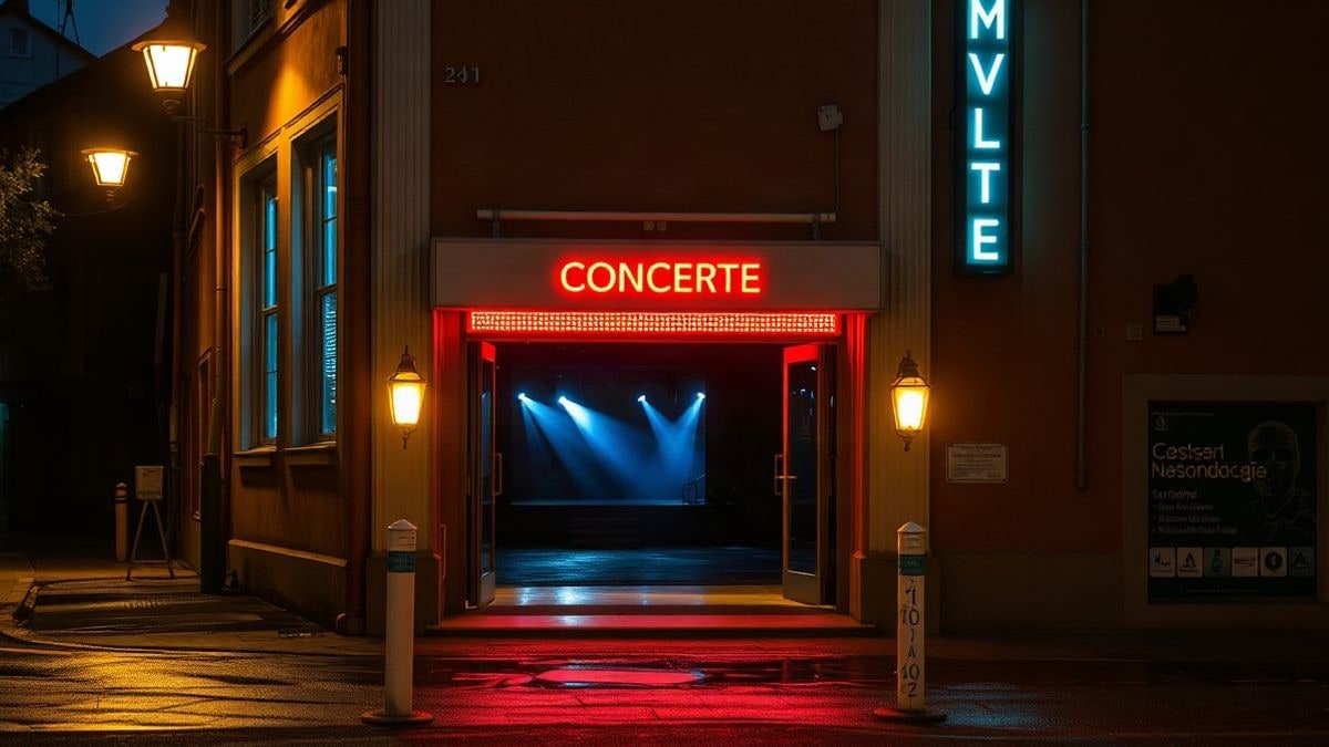 Imagen ilustrativa: fachada de un local de conciertos iluminada por farolas y luces de neón tenues por la noche