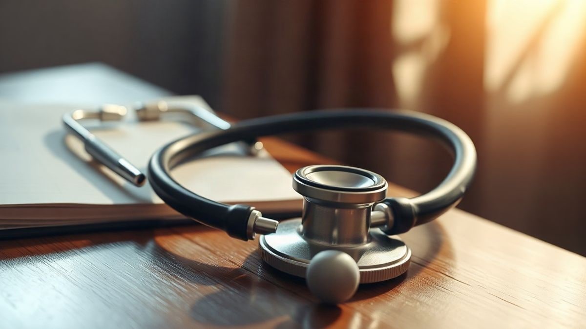 Illustrative image: a stethoscope wrapped on a wooden table next to a closed notebook, with natural side light