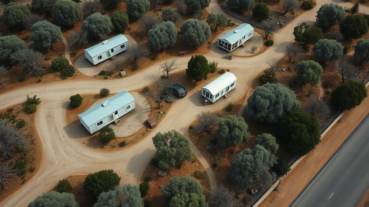Imagen ilustrativa: vista cenital de un camping rural con casas prefabricadas entre cultivos