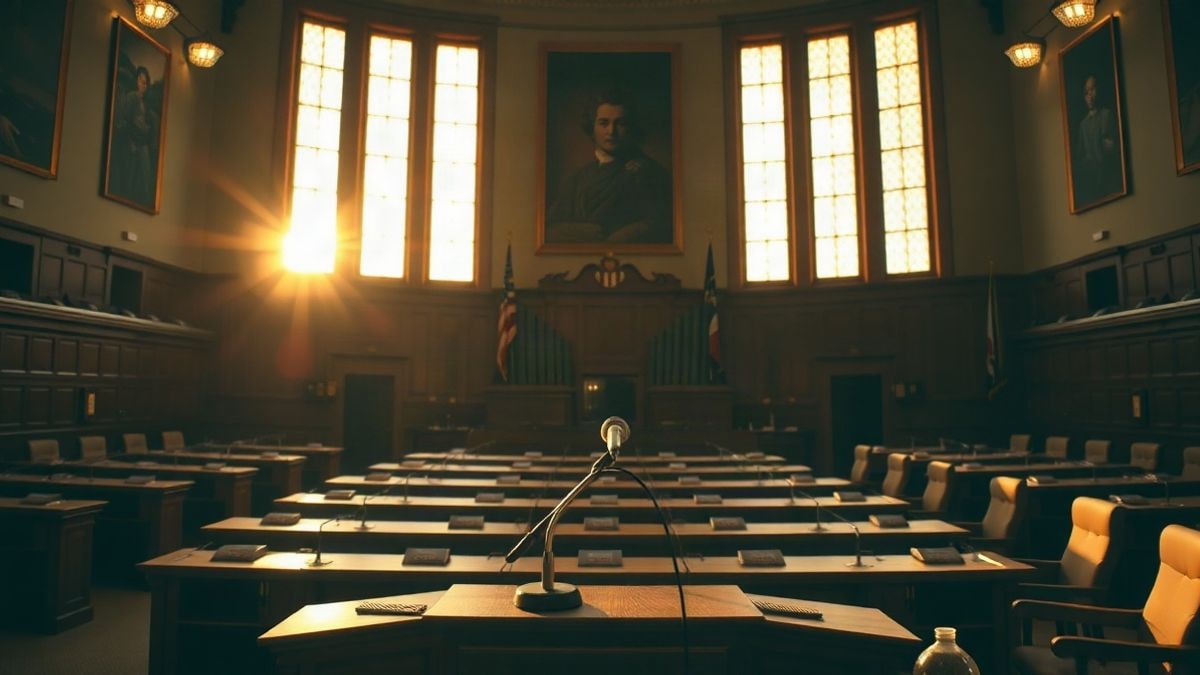 Imagen ilustrativa: interior de una sala parlamentaria vacía con escaños de madera y un micrófono en la tribuna, iluminada por la luz del atardecer.