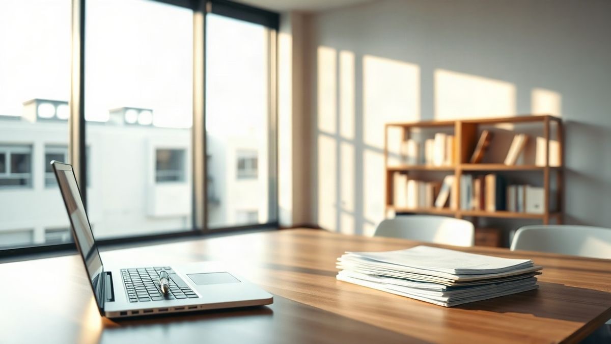 Illustrative image: an empty office with documents and lateral window light