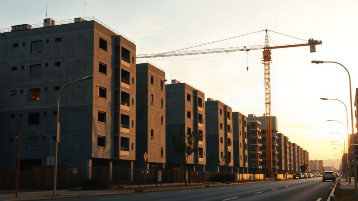 Illustrative image: residential blocks under construction and a crane silhouetted at sunset, with shallow depth of field