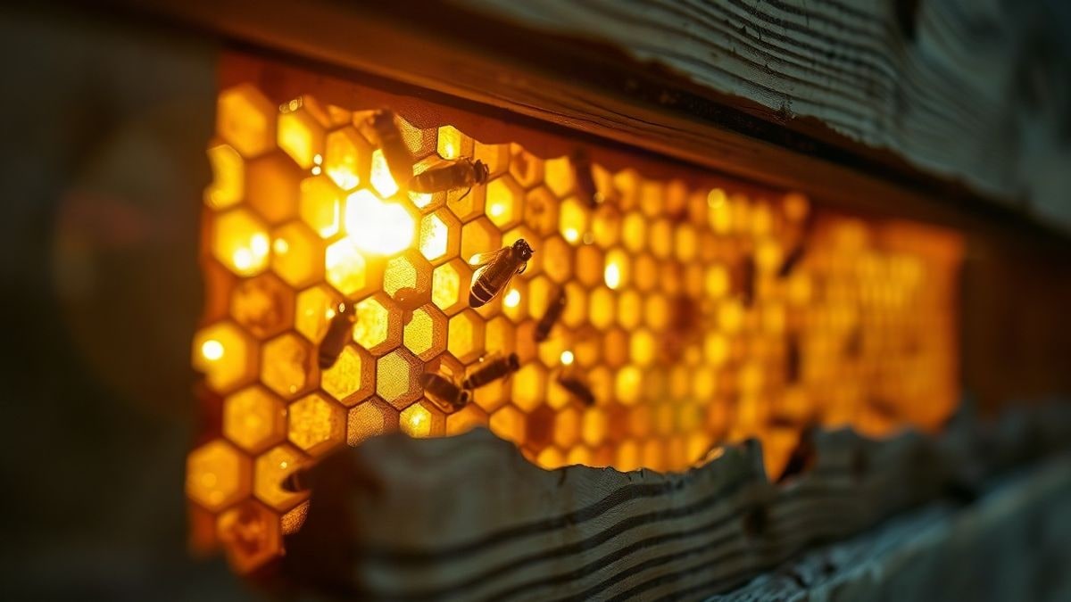 Imagen ilustrativa: detalle de un panal dorado sobre una madera envejecida de colmena al atardecer
