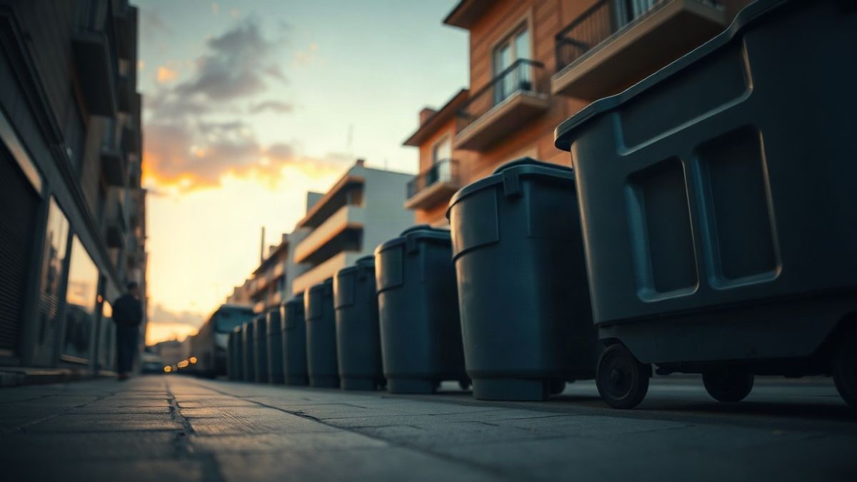 Imagen ilustrativa: fila de contenedores metálicos en una calle al atardecer, vista desde el suelo con el cielo de fondo