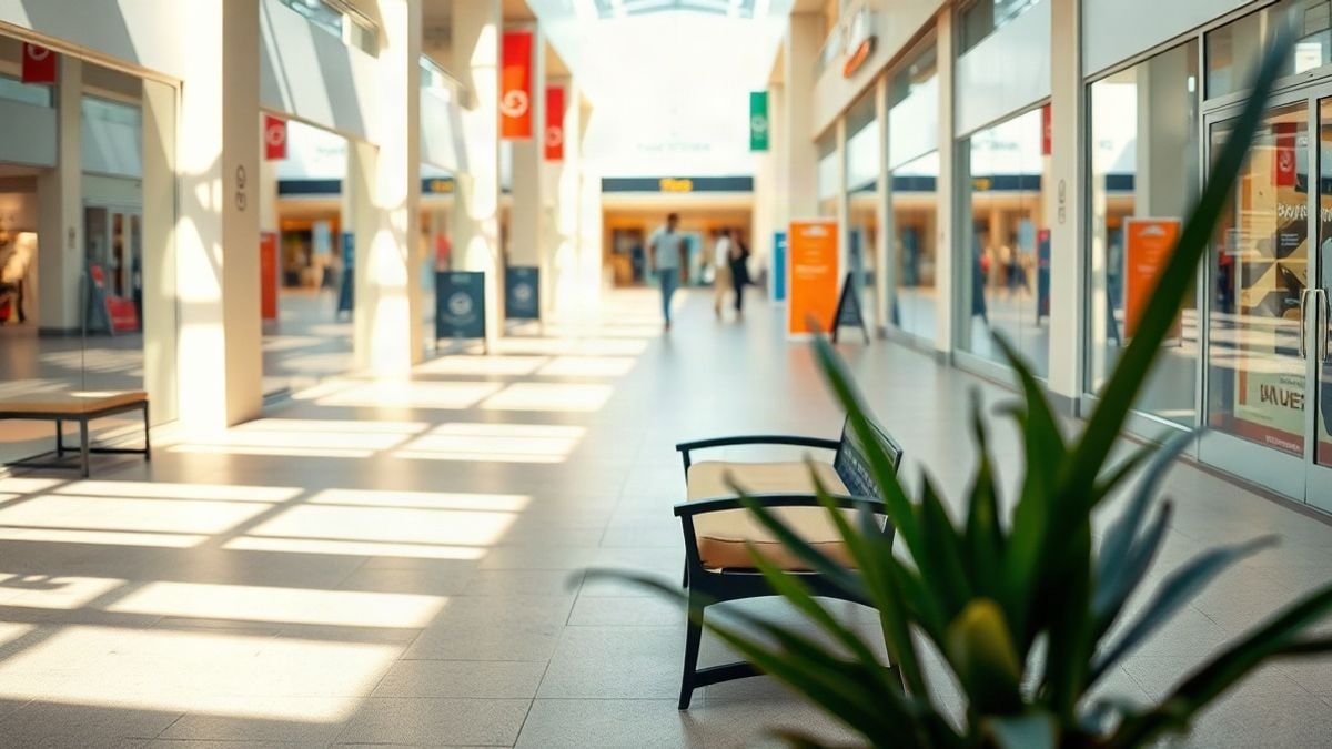 Imagen ilustrativa: interior de un centro comercial con luz lateral y tiendas cerradas