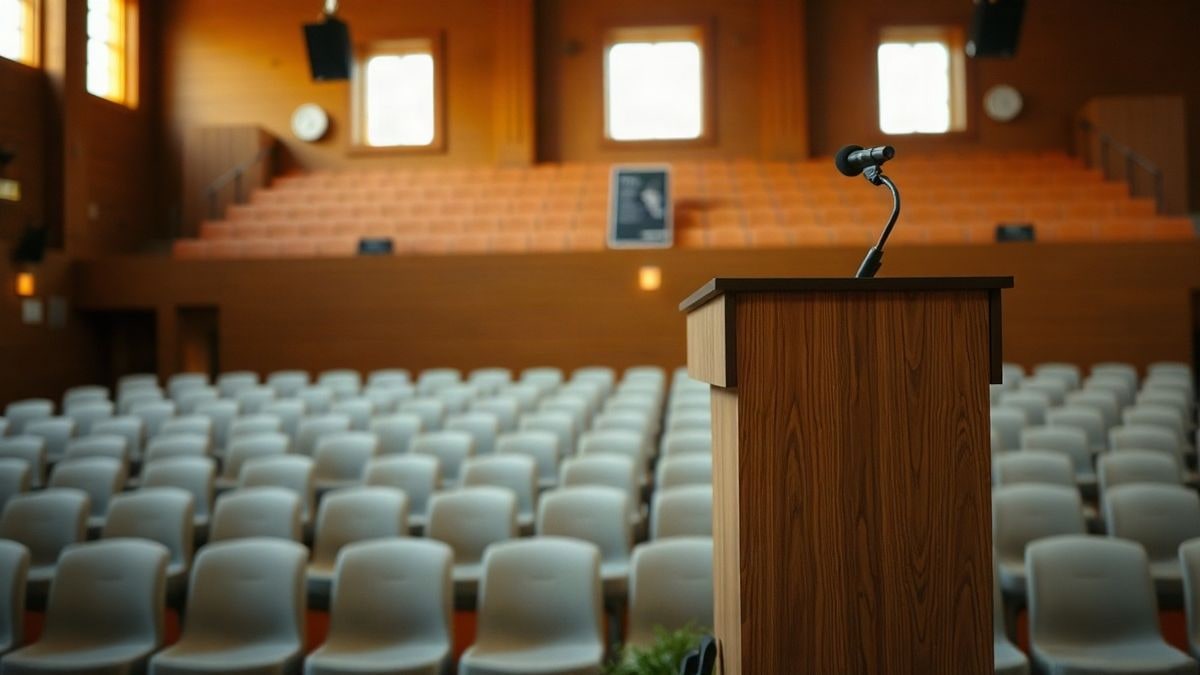 Imagen ilustrativa: un atril de madera vacío en un auditorio universitario, con butacas desenfocadas al fondo