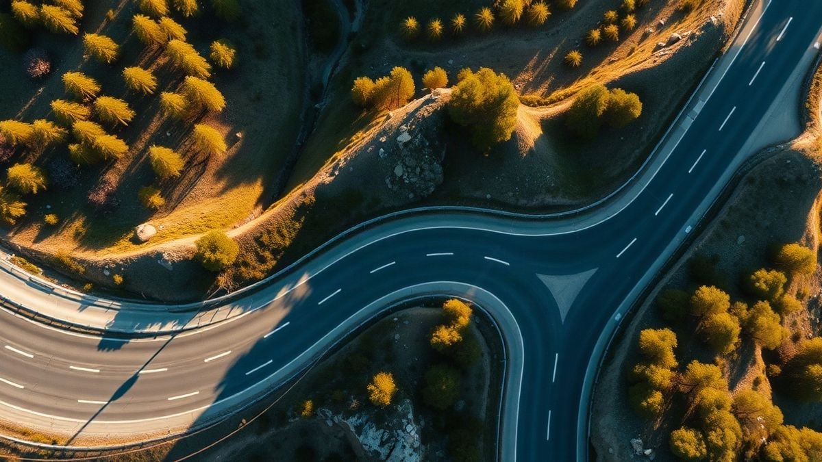 Imagen ilustrativa: vista cenital de una carretera de montaña serpenteante rodeada de pinares al atardecer